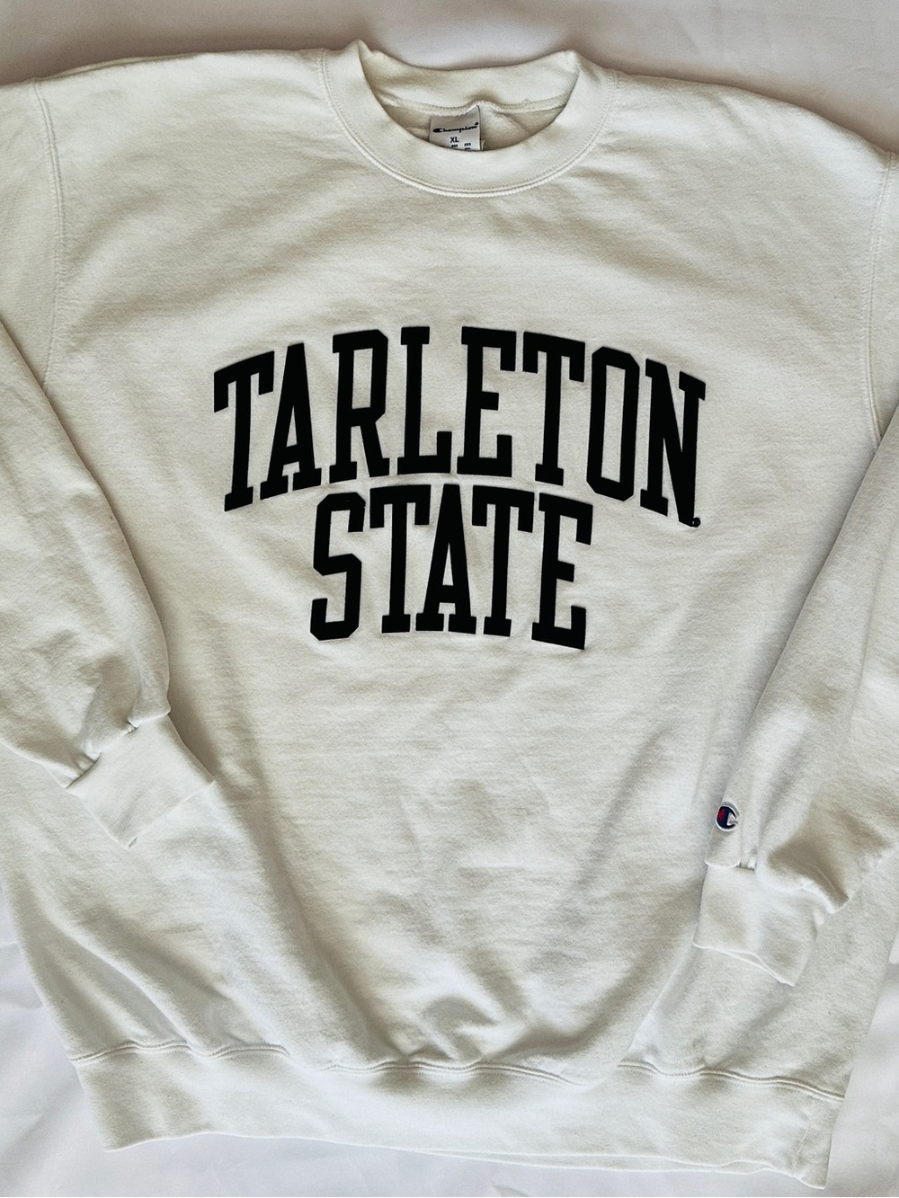 Champion White Crewneck Sweatshirt with Black Tarleton State Lettering